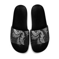 New Zealand Sea Animals with Maori Tribal Tattoo Slide Sandals Shark Manta Ray with Silver Fern Black LT03 Black - Polynesian Pride
