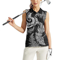 New Zealand Sea Animals with Maori Tribal Tattoo Women Sleeveless Polo Shirt Shark Manta Ray with Silver Fern Black LT03 - Polynesian Pride