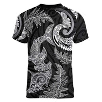New Zealand Sea Animals with Maori Tribal Tattoo Women V-Neck T-Shirt Shark Manta Ray with Silver Fern Black LT03 - Polynesian Pride