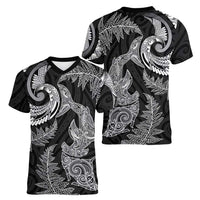 New Zealand Sea Animals with Maori Tribal Tattoo Women V-Neck T-Shirt Shark Manta Ray with Silver Fern Black LT03 - Polynesian Pride