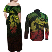 New Zealand Sea Animals with Maori Tribal Tattoo Couples Matching Off Shoulder Maxi Dress and Long Sleeve Button Shirt Shark Manta Ray with Silver Fern Reggae LT03 - Polynesian Pride