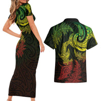 New Zealand Sea Animals with Maori Tribal Tattoo Couples Matching Short Sleeve Bodycon Dress and Hawaiian Shirt Shark Manta Ray with Silver Fern Reggae LT03 - Polynesian Pride