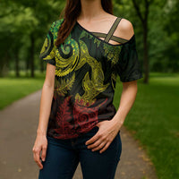 New Zealand Sea Animals with Maori Tribal Tattoo Cross Shoulder Shirt Shark Manta Ray with Silver Fern Reggae LT03 - Polynesian Pride