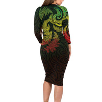 New Zealand Sea Animals with Maori Tribal Tattoo Family Matching Long Sleeve Bodycon Dress and Hawaiian Shirt Shark Manta Ray with Silver Fern Reggae LT03 - Polynesian Pride