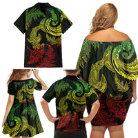 New Zealand Sea Animals with Maori Tribal Tattoo Family Matching Off Shoulder Short Dress and Hawaiian Shirt Shark Manta Ray with Silver Fern Reggae LT03 - Polynesian Pride