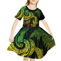 New Zealand Sea Animals with Maori Tribal Tattoo Kid Short Sleeve Dress Shark Manta Ray with Silver Fern Reggae LT03 - Polynesian Pride