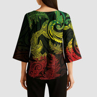 New Zealand Sea Animals with Maori Tribal Tattoo Kimono Sleeve Blouse Shark Manta Ray with Silver Fern Reggae LT03 - Polynesian Pride