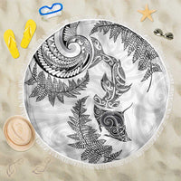 New Zealand Sea Animals with Maori Tribal Tattoo Beach Blanket Shark Manta Ray with Silver Fern White LT03 One Size 150cm White - Polynesian Pride