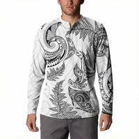 New Zealand Sea Animals with Maori Tribal Tattoo Button Sweatshirt Shark Manta Ray with Silver Fern White LT03 - Polynesian Pride