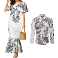 New Zealand Sea Animals with Maori Tribal Tattoo Couples Matching Mermaid Dress and Long Sleeve Button Shirt Shark Manta Ray with Silver Fern White LT03 White - Polynesian Pride