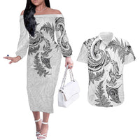 New Zealand Sea Animals with Maori Tribal Tattoo Couples Matching Off The Shoulder Long Sleeve Dress and Hawaiian Shirt Shark Manta Ray with Silver Fern White LT03 White - Polynesian Pride