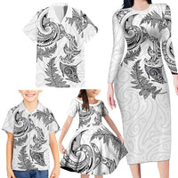 New Zealand Sea Animals with Maori Tribal Tattoo Family Matching Long Sleeve Bodycon Dress and Hawaiian Shirt Shark Manta Ray with Silver Fern White LT03 - Polynesian Pride