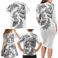 New Zealand Sea Animals with Maori Tribal Tattoo Family Matching Long Sleeve Bodycon Dress and Hawaiian Shirt Shark Manta Ray with Silver Fern White LT03 - Polynesian Pride