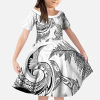 New Zealand Sea Animals with Maori Tribal Tattoo Family Matching Off Shoulder Short Dress and Hawaiian Shirt Shark Manta Ray with Silver Fern White LT03 Daughter's Dress White - Polynesian Pride