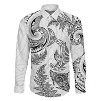 New Zealand Sea Animals with Maori Tribal Tattoo Family Matching Off Shoulder Short Dress and Hawaiian Shirt Shark Manta Ray with Silver Fern White LT03 Dad's Shirt - Long Sleeve White - Polynesian Pride