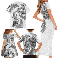 New Zealand Sea Animals with Maori Tribal Tattoo Family Matching Short Sleeve Bodycon Dress and Hawaiian Shirt Shark Manta Ray with Silver Fern White LT03 - Polynesian Pride