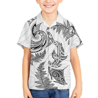 New Zealand Sea Animals with Maori Tribal Tattoo Kid Hawaiian Shirt Shark Manta Ray with Silver Fern White LT03 Kid White - Polynesian Pride
