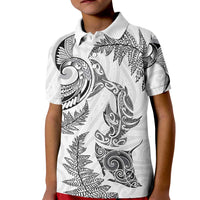 New Zealand Sea Animals with Maori Tribal Tattoo Kid Polo Shirt Shark Manta Ray with Silver Fern White LT03 Kid White - Polynesian Pride