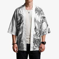 New Zealand Sea Animals with Maori Tribal Tattoo Kimono Shark Manta Ray with Silver Fern White LT03 - Polynesian Pride
