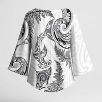 New Zealand Sea Animals with Maori Tribal Tattoo Kimono Sleeve Blouse Shark Manta Ray with Silver Fern White LT03 - Polynesian Pride