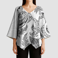 New Zealand Sea Animals with Maori Tribal Tattoo Kimono Sleeve Blouse Shark Manta Ray with Silver Fern White LT03 - Polynesian Pride