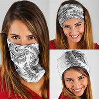 New Zealand Sea Animals with Maori Tribal Tattoo Neck Gaiter Shark Manta Ray with Silver Fern White LT03 - Polynesian Pride