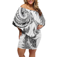 New Zealand Sea Animals with Maori Tribal Tattoo Off Shoulder Short Dress Shark Manta Ray with Silver Fern White LT03 Women White - Polynesian Pride