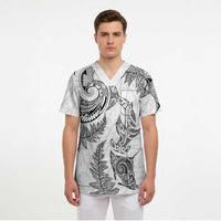New Zealand Sea Animals with Maori Tribal Tattoo Scrub Top Shark Manta Ray with Silver Fern White LT03 - Polynesian Pride