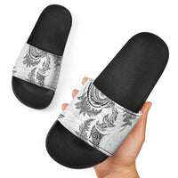 New Zealand Sea Animals with Maori Tribal Tattoo Slide Sandals Shark Manta Ray with Silver Fern White LT03 - Polynesian Pride