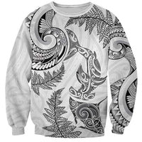 New Zealand Sea Animals with Maori Tribal Tattoo Sweatshirt Shark Manta Ray with Silver Fern White LT03 Unisex White - Polynesian Pride