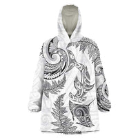 New Zealand Sea Animals with Maori Tribal Tattoo Wearable Blanket Hoodie Shark Manta Ray with Silver Fern White LT03 One Size White - Polynesian Pride