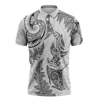 New Zealand Sea Animals with Maori Tribal Tattoo Zipper Polo Shirt Shark Manta Ray with Silver Fern White LT03 White - Polynesian Pride
