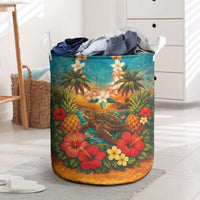 Hawaiian Turtles on Beach Laundry Basket with Pineapple Tropical Plant and Lei