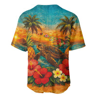 Hawaiian Turtles on Beach Baseball Jersey with Pineapple Tropical Plant and Lei