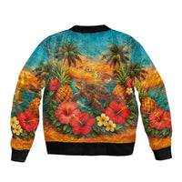 Hawaiian Turtles on Beach Bomber Jacket with Pineapple Tropical Plant and Lei