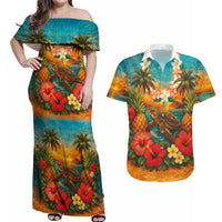 Hawaiian Turtles on Beach Couples Matching Off Shoulder Maxi Dress and Hawaiian Shirt with Pineapple Tropical Plant and Lei LT03 Multicolor - Polynesian Pride