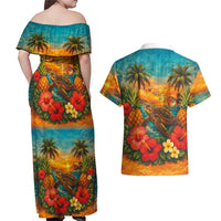 Hawaiian Turtles on Beach Couples Matching Off Shoulder Maxi Dress and Hawaiian Shirt with Pineapple Tropical Plant and Lei LT03 - Polynesian Pride