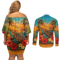 Hawaiian Turtles on Beach Couples Matching Off Shoulder Short Dress and Long Sleeve Button Shirt with Pineapple Tropical Plant and Lei LT03 - Polynesian Pride