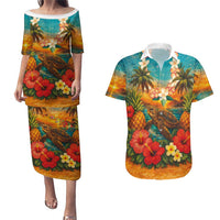 Hawaiian Turtles on Beach Couples Matching Puletasi and Hawaiian Shirt with Pineapple Tropical Plant and Lei LT03 Multicolor - Polynesian Pride