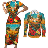 Hawaiian Turtles on Beach Couples Matching Short Sleeve Bodycon Dress and Long Sleeve Button Shirt with Pineapple Tropical Plant and Lei LT03 Multicolor - Polynesian Pride