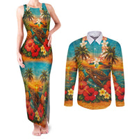 Hawaiian Turtles on Beach Couples Matching Tank Maxi Dress and Long Sleeve Button Shirt with Pineapple Tropical Plant and Lei LT03 Multicolor - Polynesian Pride