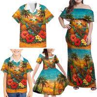 Hawaiian Turtles on Beach Family Matching Off Shoulder Maxi Dress and Hawaiian Shirt with Pineapple Tropical Plant and Lei LT03 - Polynesian Pride
