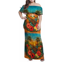 Hawaiian Turtles on Beach Family Matching Off Shoulder Maxi Dress and Hawaiian Shirt with Pineapple Tropical Plant and Lei LT03 Mom's Dress Multicolor - Polynesian Pride
