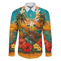 Hawaiian Turtles on Beach Family Matching Off Shoulder Short Dress and Hawaiian Shirt with Pineapple Tropical Plant and Lei LT03 Dad's Shirt - Long Sleeve Multicolor - Polynesian Pride