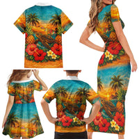 Hawaiian Turtles on Beach Family Matching Short Sleeve Bodycon Dress and Hawaiian Shirt with Pineapple Tropical Plant and Lei LT03 - Polynesian Pride