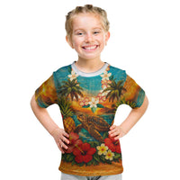 Hawaiian Turtles on Beach Kid T Shirt with Pineapple Tropical Plant and Lei