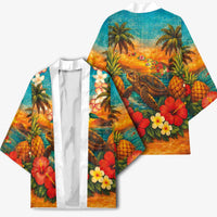 Hawaiian Turtles on Beach Kimono with Pineapple Tropical Plant and Lei