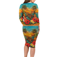 Hawaiian Turtles on Beach Long Sleeve Bodycon Dress with Pineapple Tropical Plant and Lei