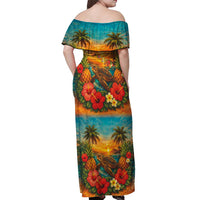 Hawaiian Turtles on Beach Off Shoulder Maxi Dress with Pineapple Tropical Plant and Lei