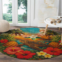 Hawaiian Turtles on Beach Round Carpet with Pineapple Tropical Plant and Lei